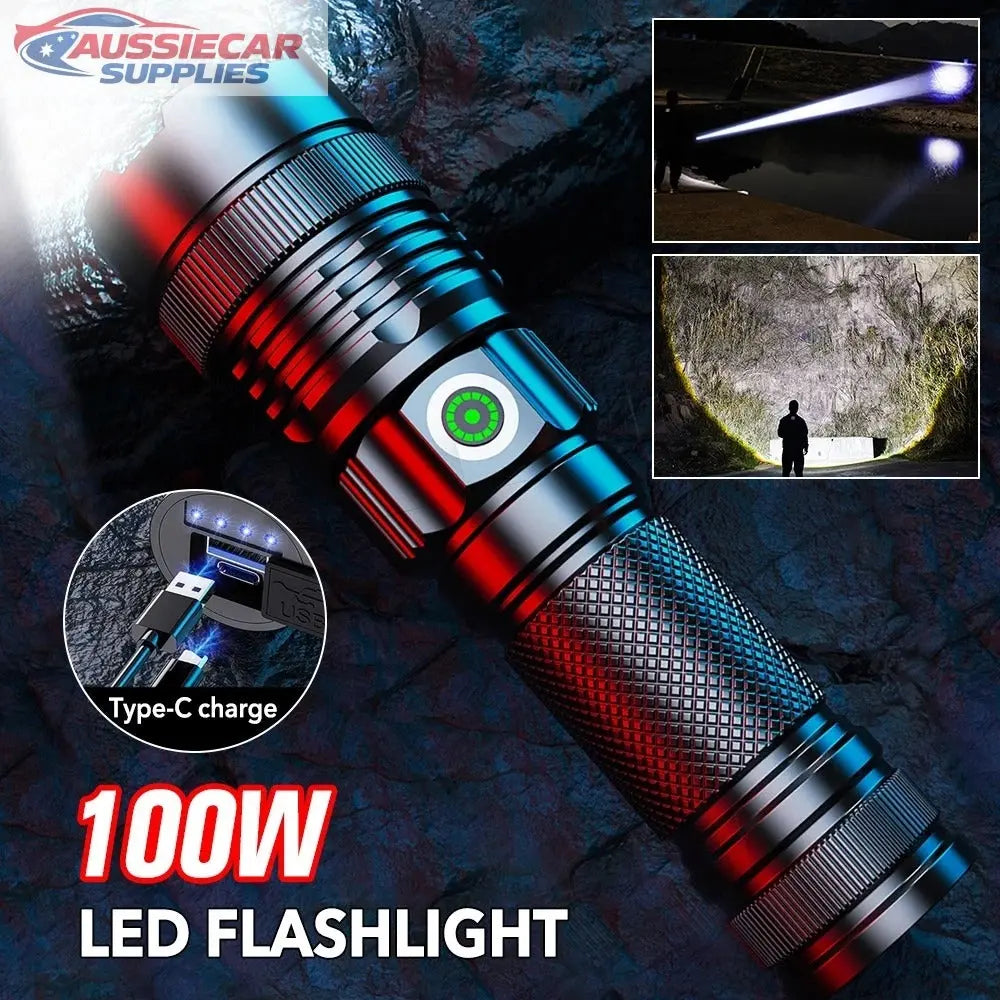 100W Rechargeable LED Spotlight Flashlight – Zoomable Tactical ...