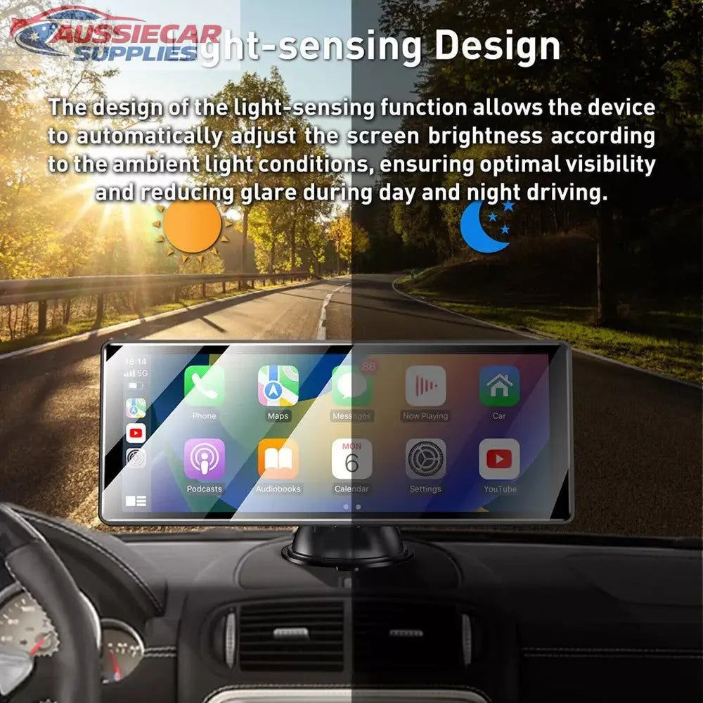 Car dashboard with a navigation screen displaying app icons, set ...