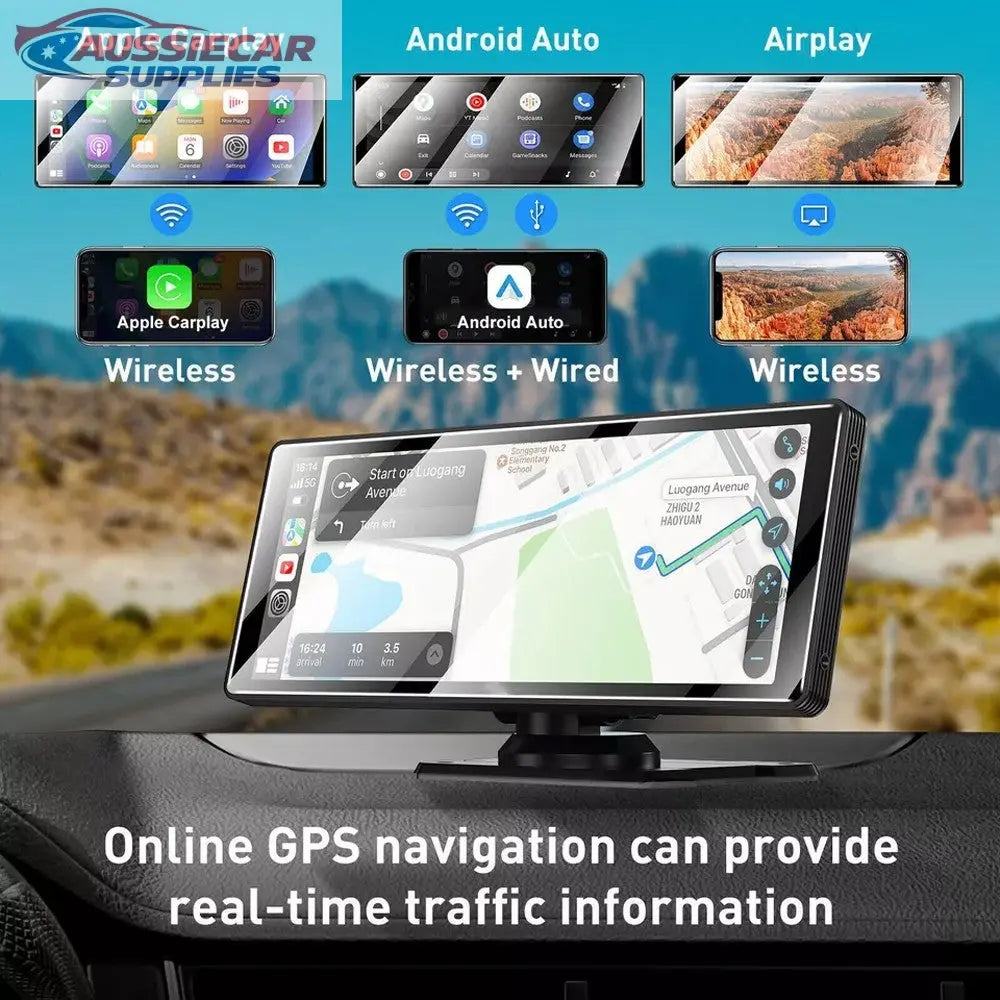 Car navigation system with multiple connectivity options displayed on a ...