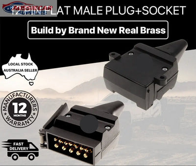 12-pin flat male trailer plug and socket with branding and product details on a gradient background.