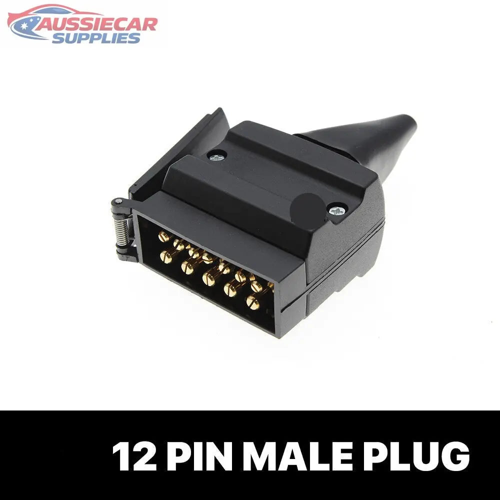12-pin male plug connector on a white background with 'SuperTrailer ...