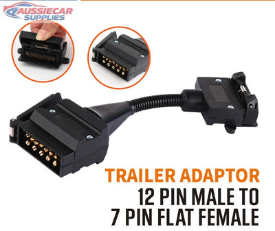 Trailer adapter with 12 pin male to 7 pin flat female connection on a white background with SEDY Trailer branding.
