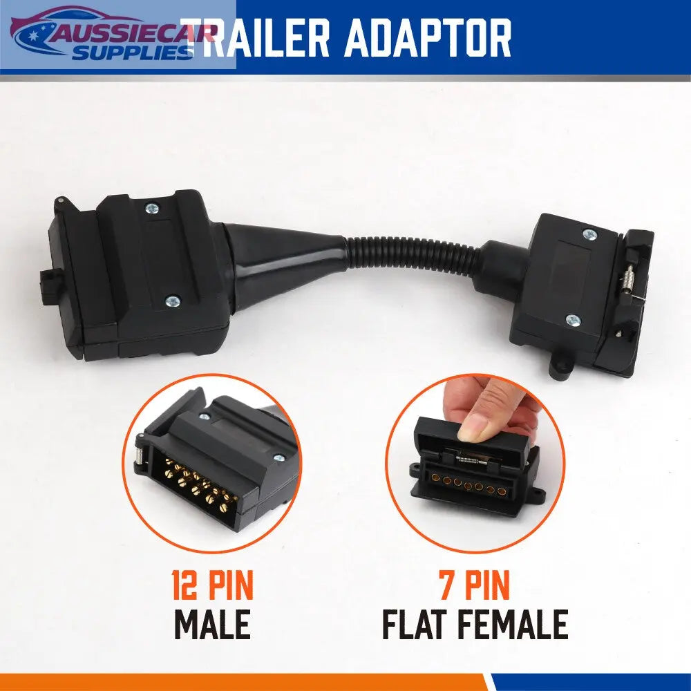 Trailer adapter with 12 pin male and 7 pin flat female connectors on a ...