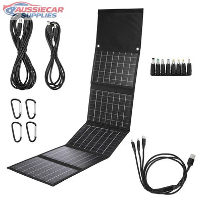 Solar panel with cables, connectors, and carabiners on a white background