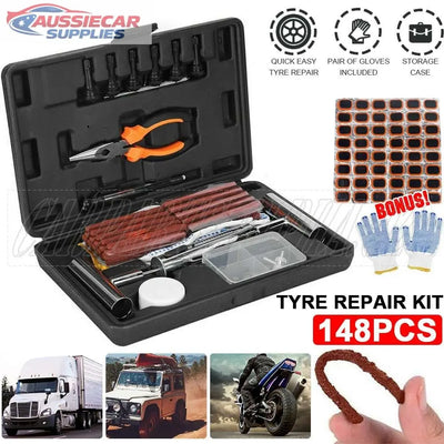 148 Piece Tyre Puncture Repair Kit | Heavy Duty Tubeless Tyre Plug Repair Tool Set for Cars, 4WDs, Trucks, SUVs & Motorcycles