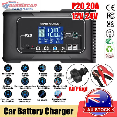 Car battery charger with digital display and various features listed, on a white background.