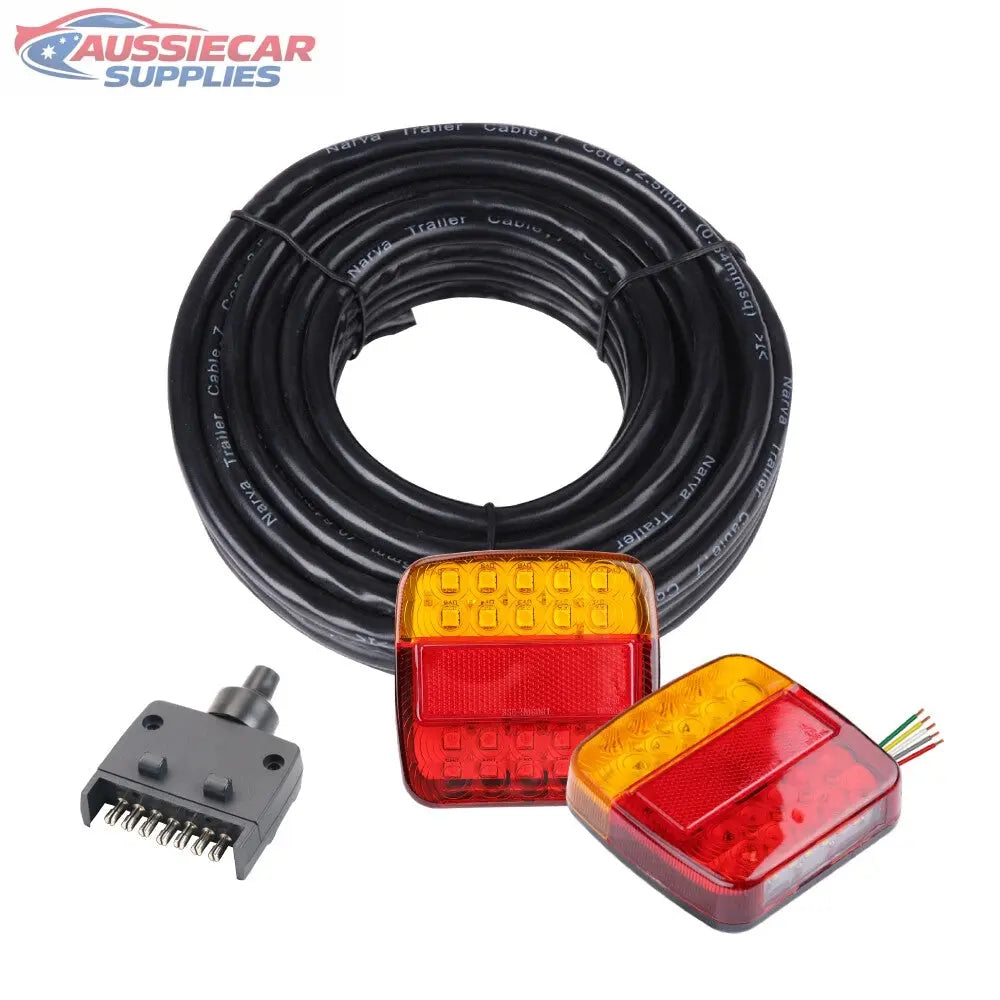 Car trailer lights with wiring harness on a white background