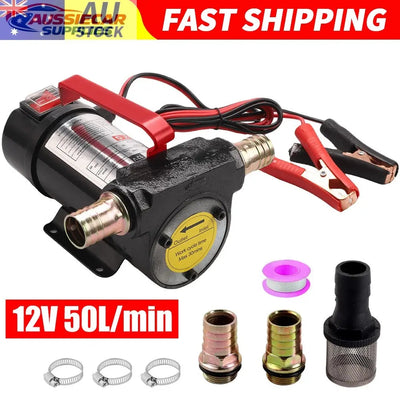 12V pump with accessories and fast shipping text on a white background