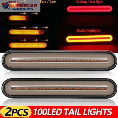 100 LED tail lights with different light modes on a black background