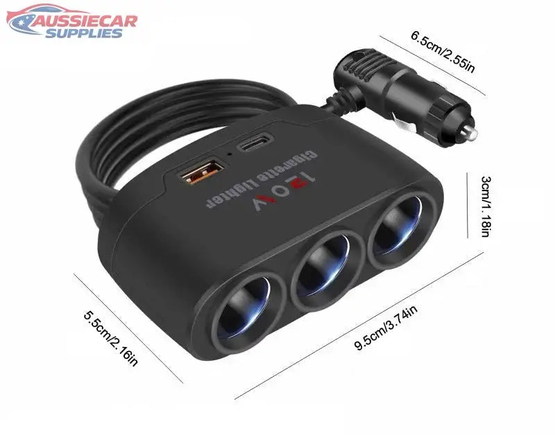 Car charging adapter with dimensions and specifications on a white ...
