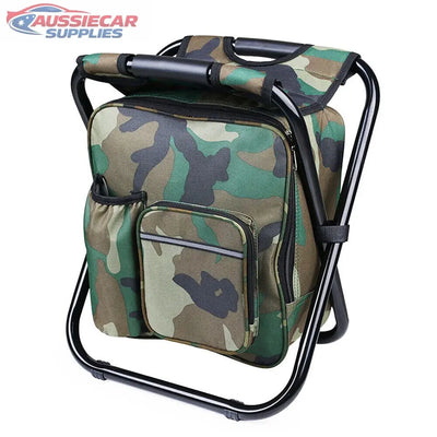 Camouflage-patterned folding stool with black frame on a white background