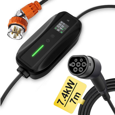 32A EV Charger Type 2 – 7.4kW Portable Car Charger (7M Cable, 1-Phase AU Plug) 5 Pin AussieCarSupplies