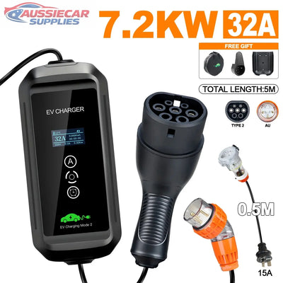 32A Type 2 Portable EV Charger 7kW 240V 1 Phase 15A | 5M | RCM Certified for Tesla, BYD & More