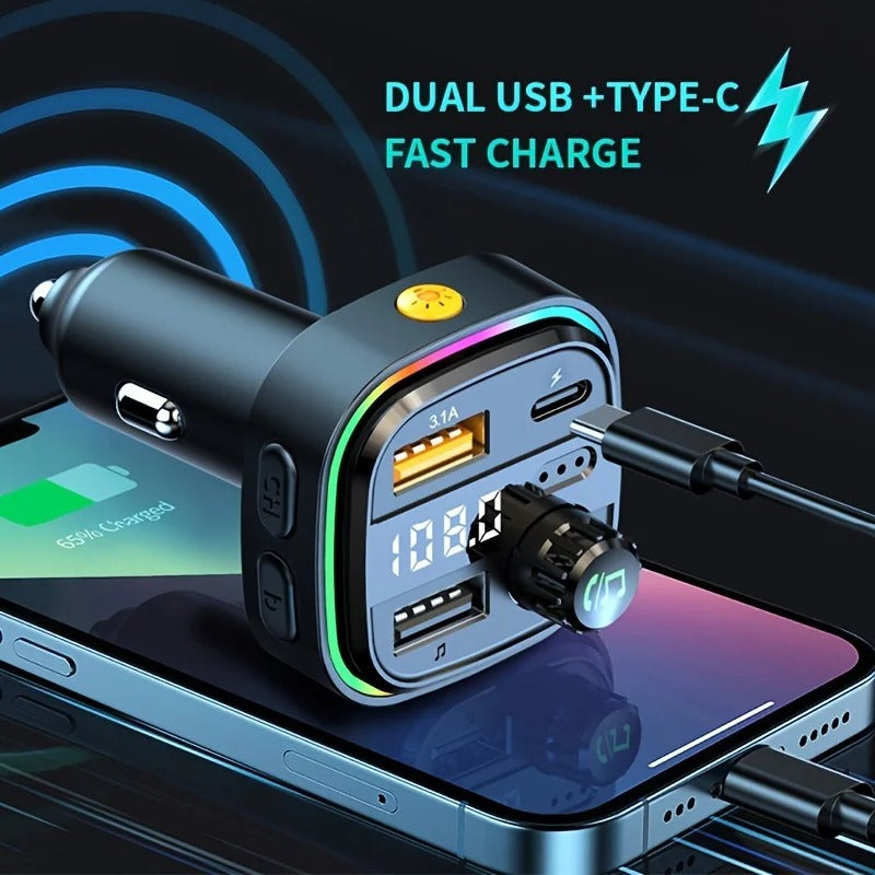 Bluetooth 5.0 FM Transmitter & MP3 Player with 15W USB Quick Charge Adapter