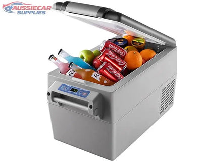 Portable 35L refrigerator with drinks and fruits on a white background