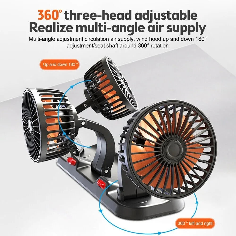 3 Head Car Fan 360° Adjustable  USB, 12V, 24V Automotive Fan