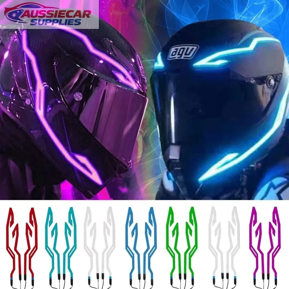Two motorcycle helmets with neon lights and a set of colorful helmet ...
