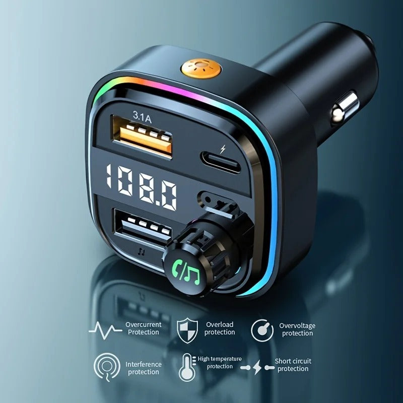 Bluetooth 5.0 FM Transmitter & MP3 Player with 15W USB Quick Charge Adapter