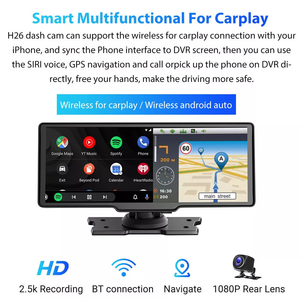 4K Dual Dash Cam 10.26 Inchi Touchscreen for CarPlay & Android Auto  Front & Rear Car Recorder