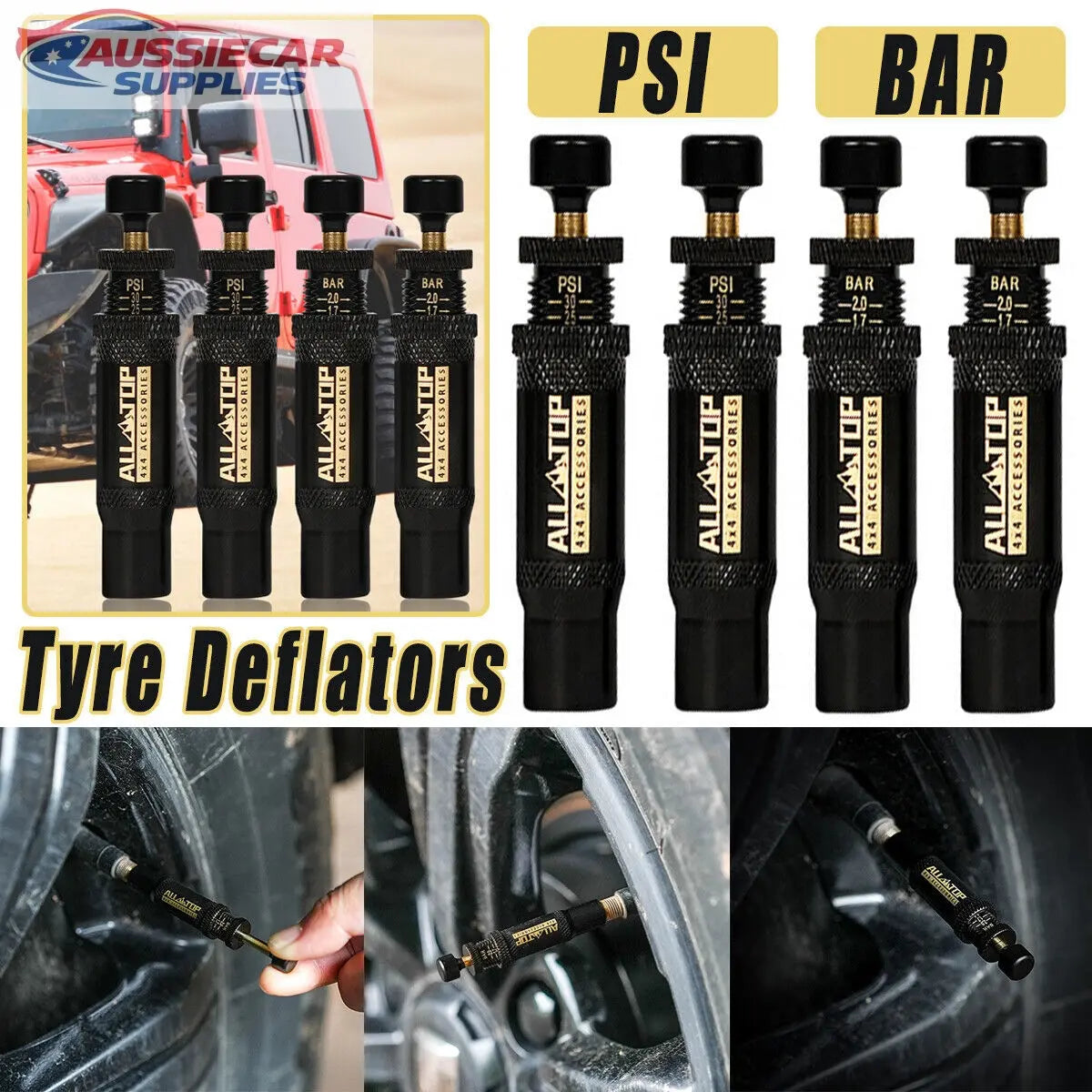 Set of tyre deflators with PSI and BAR measurements, used on a vehicle ...