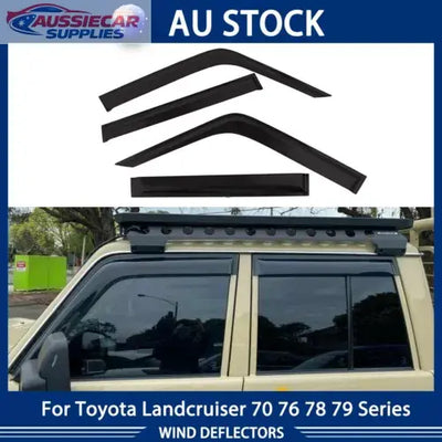 Car window deflectors for Toyota Landcruiser with a blue border and 'AU Stock' text.