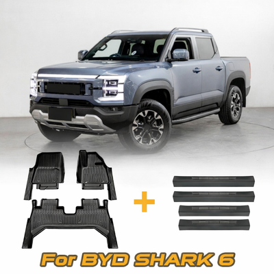 Gray BYD Shark 6 electric truck with accessories on a white background