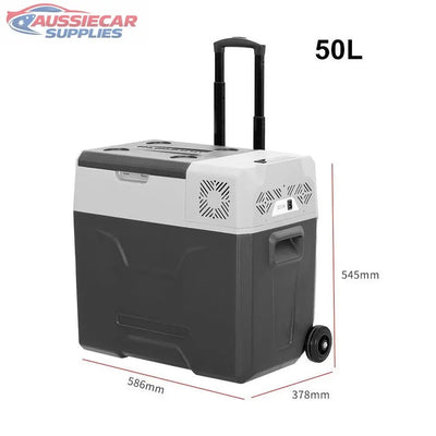 Black and white 50L fridge cooler box with wheels and dimensions on a white background