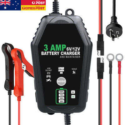 6V 12V 3A Smart Battery Charger & Maintainer | AGM GEL Lithium LiFePO4 Car Motorcycle Battery Repair Charger AussieCarSupplies