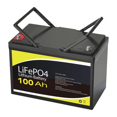 Lithium battery with 'LiFePO4' and '100 Ah' label on a white background