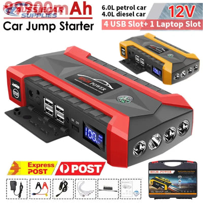99900mAh Car Jump Starter 12V – Portable Battery Booster Power Bank with 4 USB Ports, LED Light & Emergency Kit AussieCarSupplies