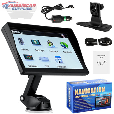 Car navigation system with screen, mount, cables, and user manual on a white background