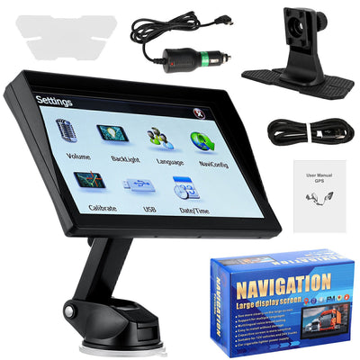 Car navigation system with screen, mount, cables, and user manual on a white background