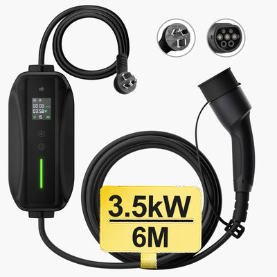 Electric vehicle charging cable set with display and connectors on a white background