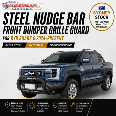 Advertisement for a steel nudge bar front bumper grille guard for BYD Shark 6 vehicle, featuring product details and Yafa Auto Parts branding.