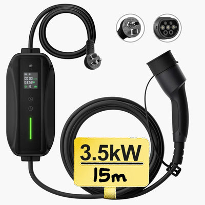 Electric vehicle charging cable set with display and connectors on a white background