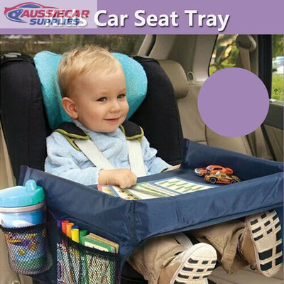 Child in a car seat with a kids car seat tray, 2 pieces, and toys.