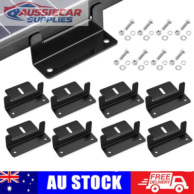 Solar panel mounting brackets with screws on a white background, featuring Australian stock and free delivery text.