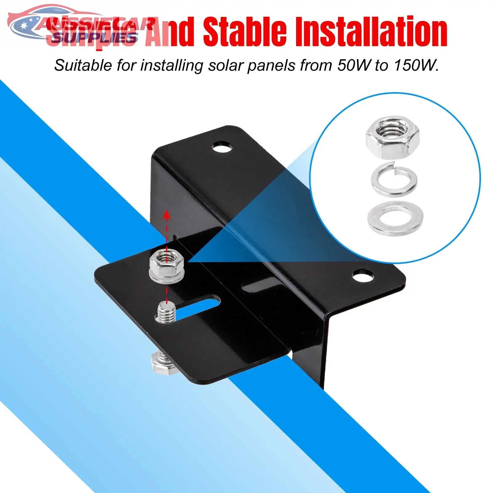 Solar panel mounting bracket with hardware on a blue and white background
