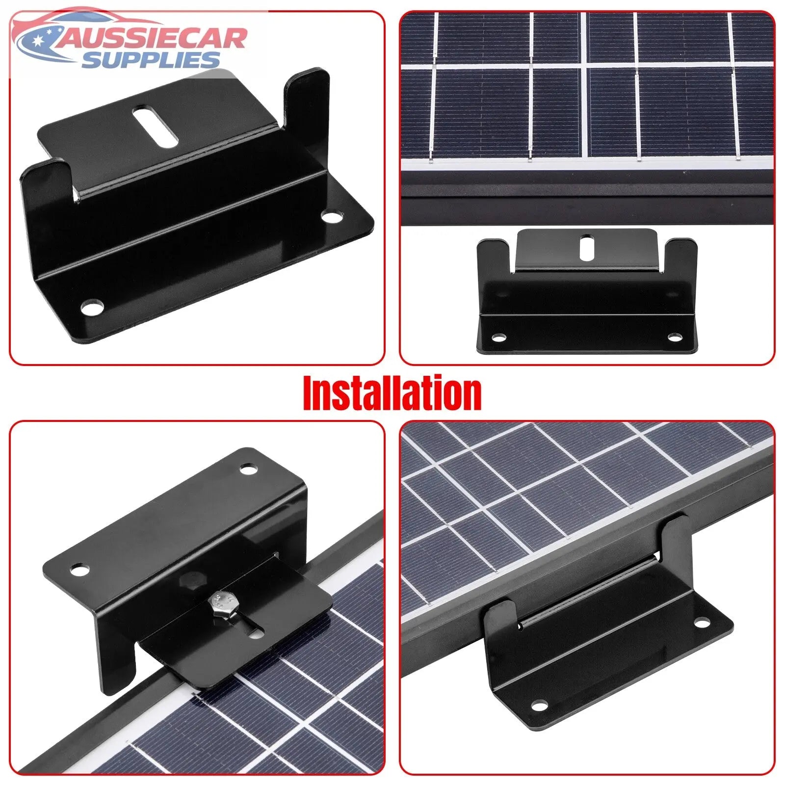 Solar panel mounting bracket with installation steps on a white background