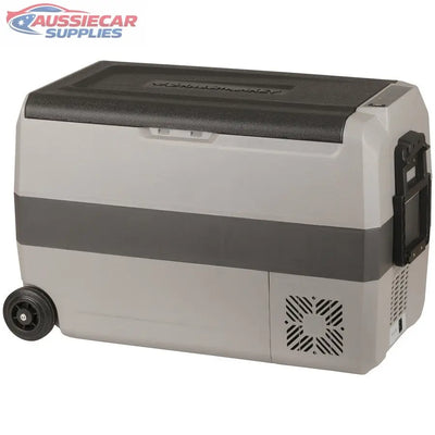 Brass monkey 50L Portable cooler box with black lid and side handle on a white background