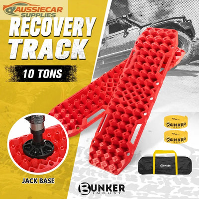 Red recovery track with jack base and Bunker Industries branding on a yellow and gray background.