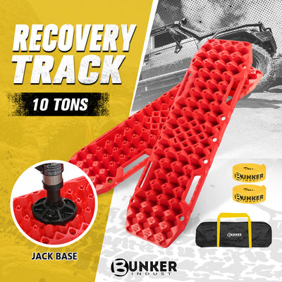 Red recovery track with jack base and Bunker Industries branding on a yellow and gray background.