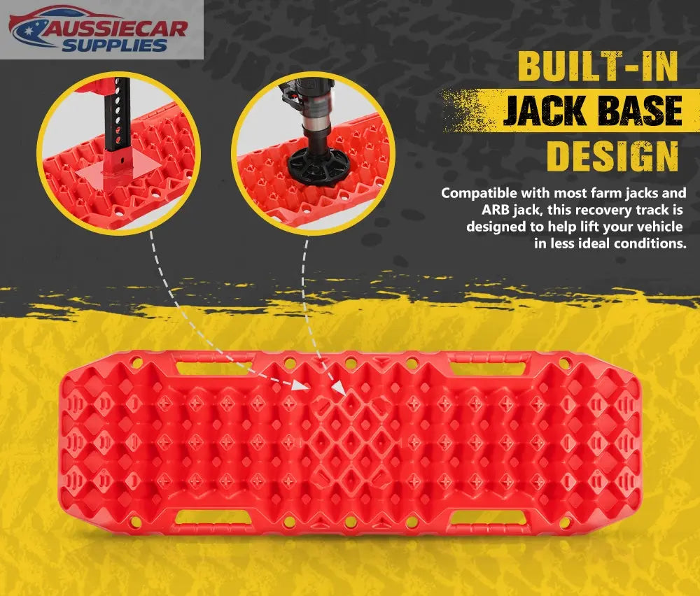Red recovery track with built-in jack base design on a yellow and black ...