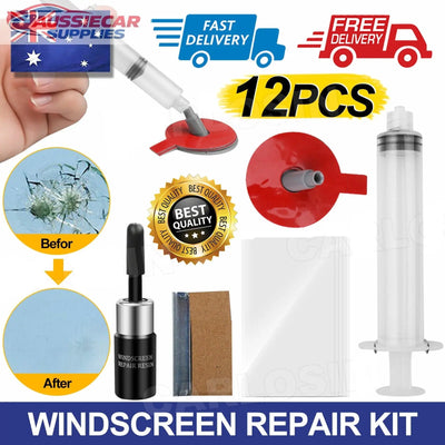 Windscreen repair kit with syringe, resin, and tools on a white background