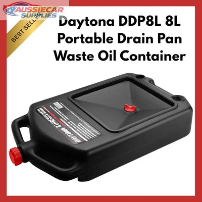Daytona DDP8L 8L Portable Drain Pan Waste Oil Container with red handles and lid on a white background.