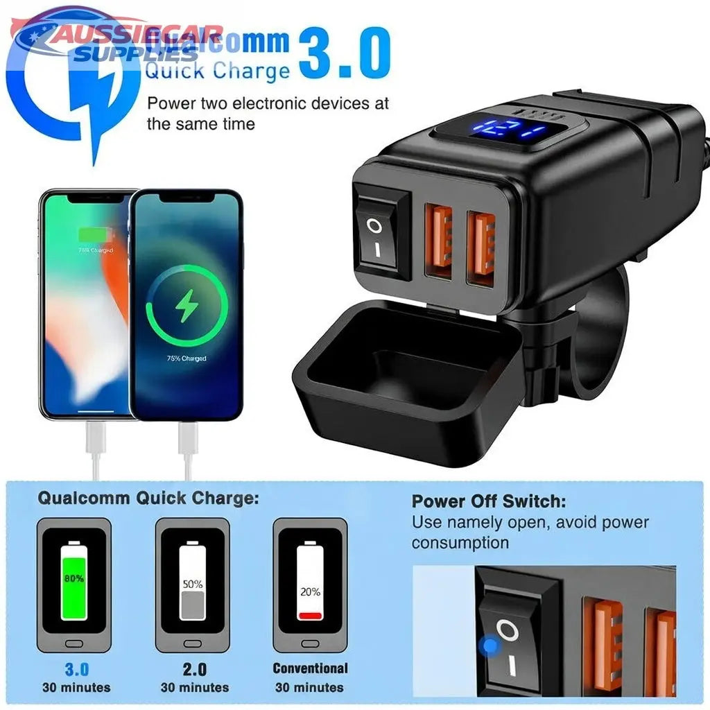 Black Qualcomm Quick Charge 3.0 device with two USB ports and power ...