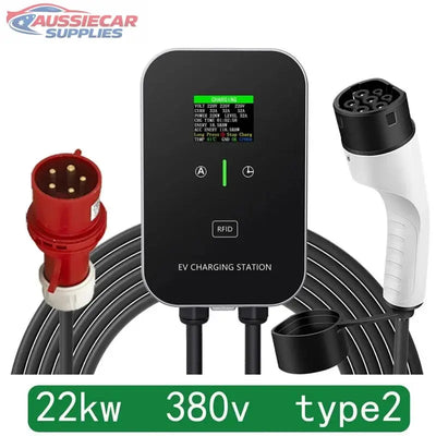EV charging station with connectors and specifications on a white background