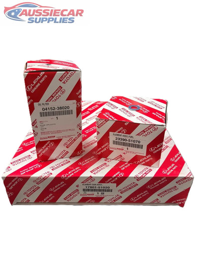 Genuine Toyota service kit for LandCruiser 200 Series 2019+ 1VD-FTV V8 diesel. Includes oil, air, fuel filters and sump plug washer.