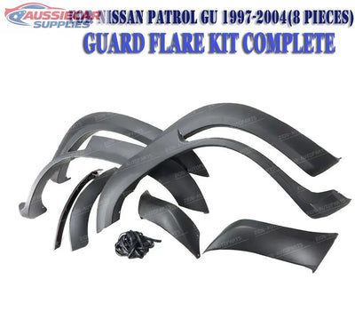 Guard flare kit for Nissan Patrol GU 1997-2004 on a white background with text about warranty and shipping.