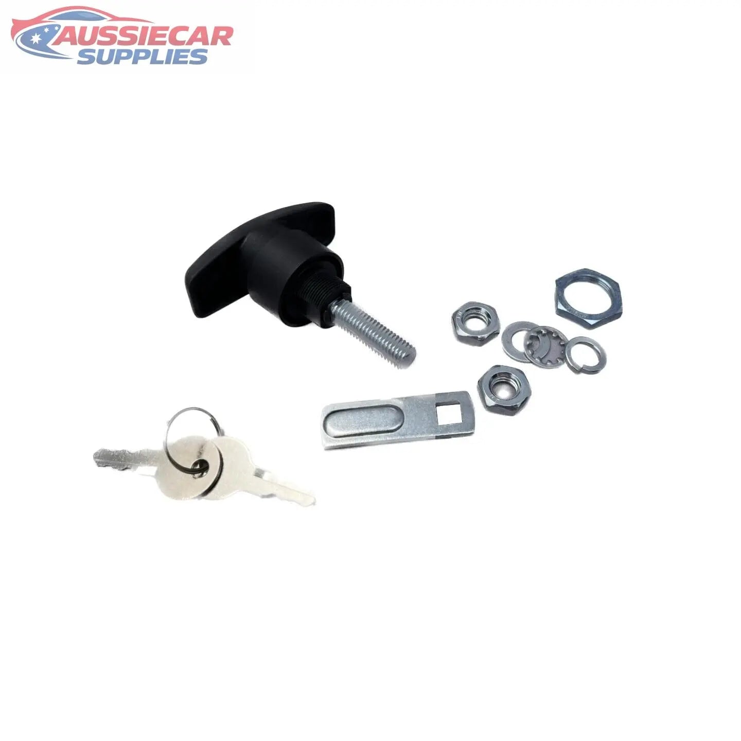 Lock kit with black handle, key, and metal components on a white background